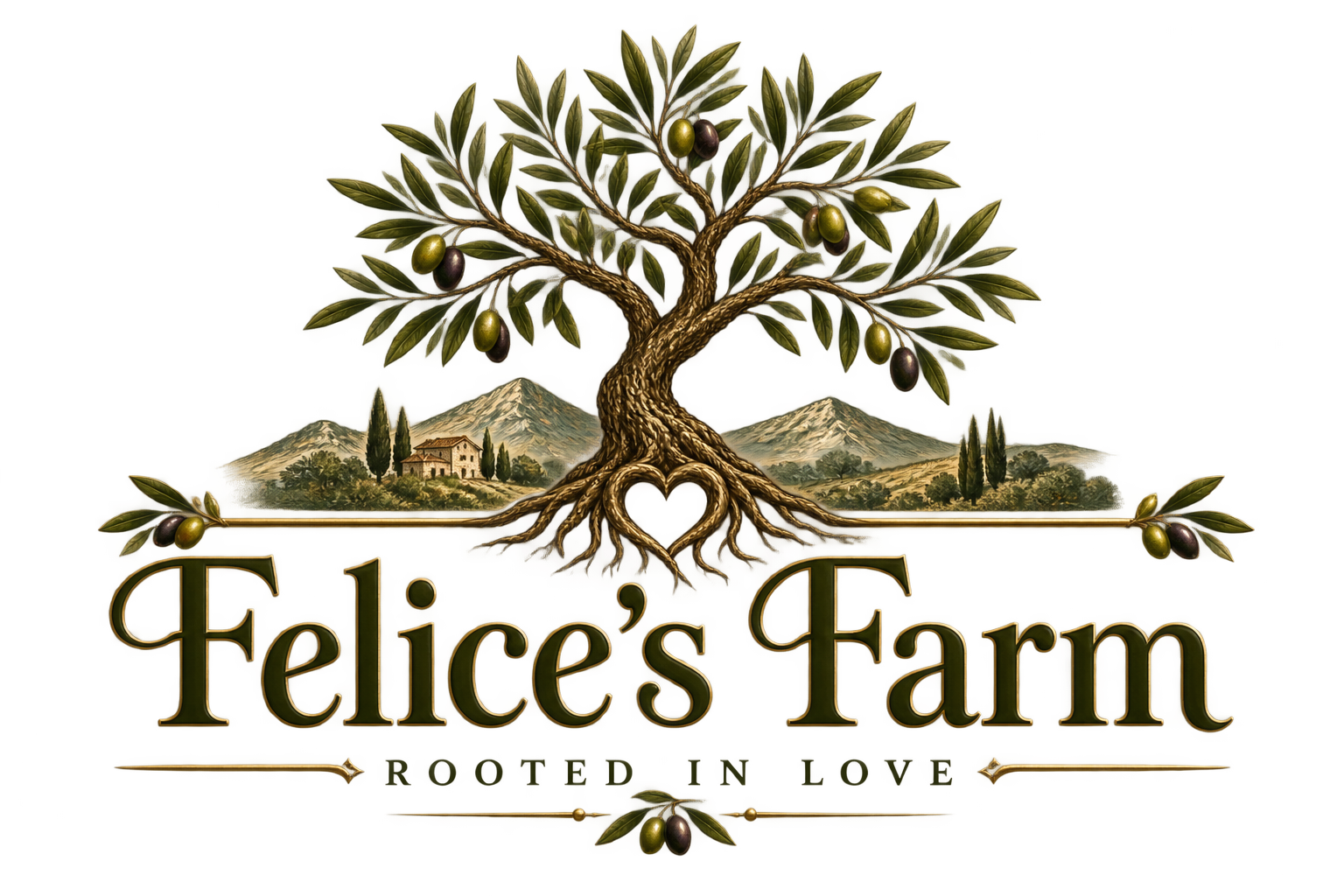 Felice's Farm logo, an olive tree above the southern Italian hills
