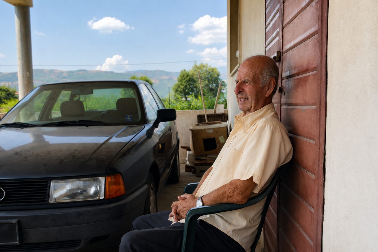 Felice Priante smiling while seated on the porch of his family home in southern Italy, with the mountains visible behind him.