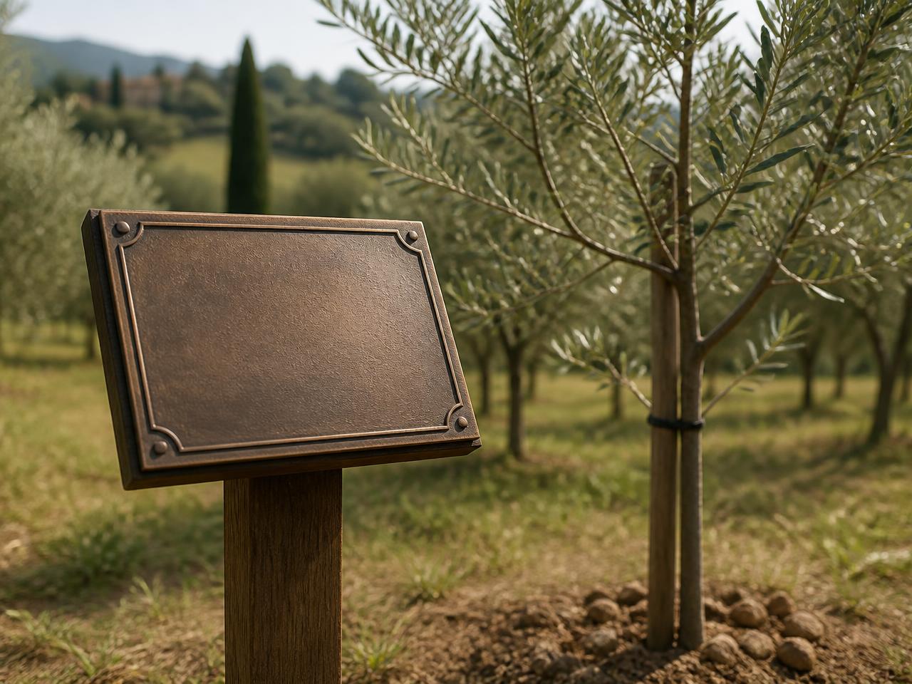 A bronze plaque on a freestanding post beside a young olive tree